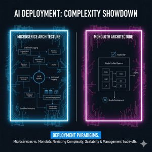 The True Cost of AI Performance: Monolith vs. Microservice Architecture for Your Home Server & Data 4 Flowchart showing distributed logging and complex deployment required by Microservice Architecture compared to Monolith
