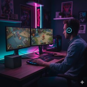 Gamer enjoying esports on mini PC setup