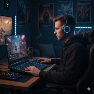 Gamer playing cloud streamed game on laptop with latency display