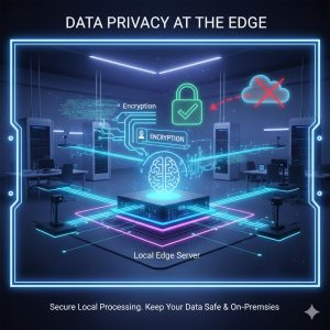 Generative AI in Edge Computing security model showing data processed locally on a private edge server