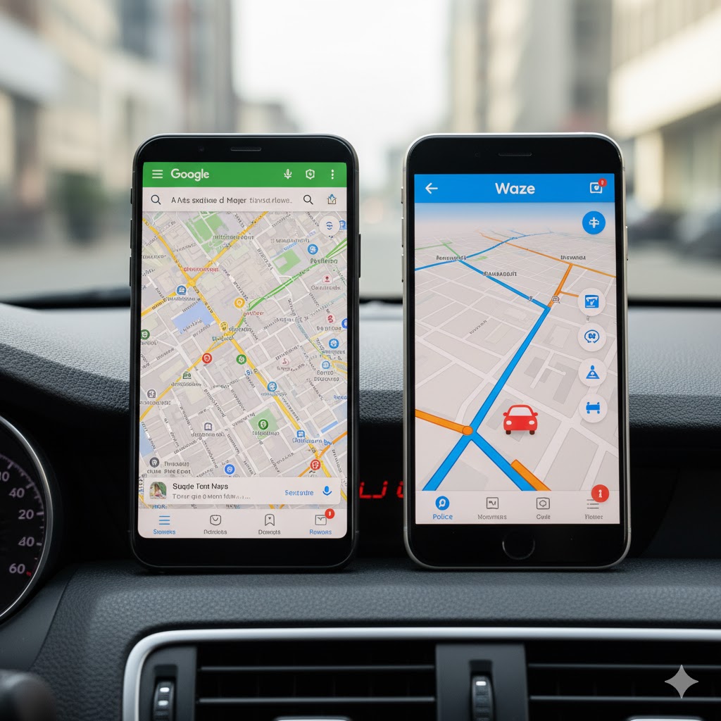 Google Maps vs Waze interface comparison on two phones