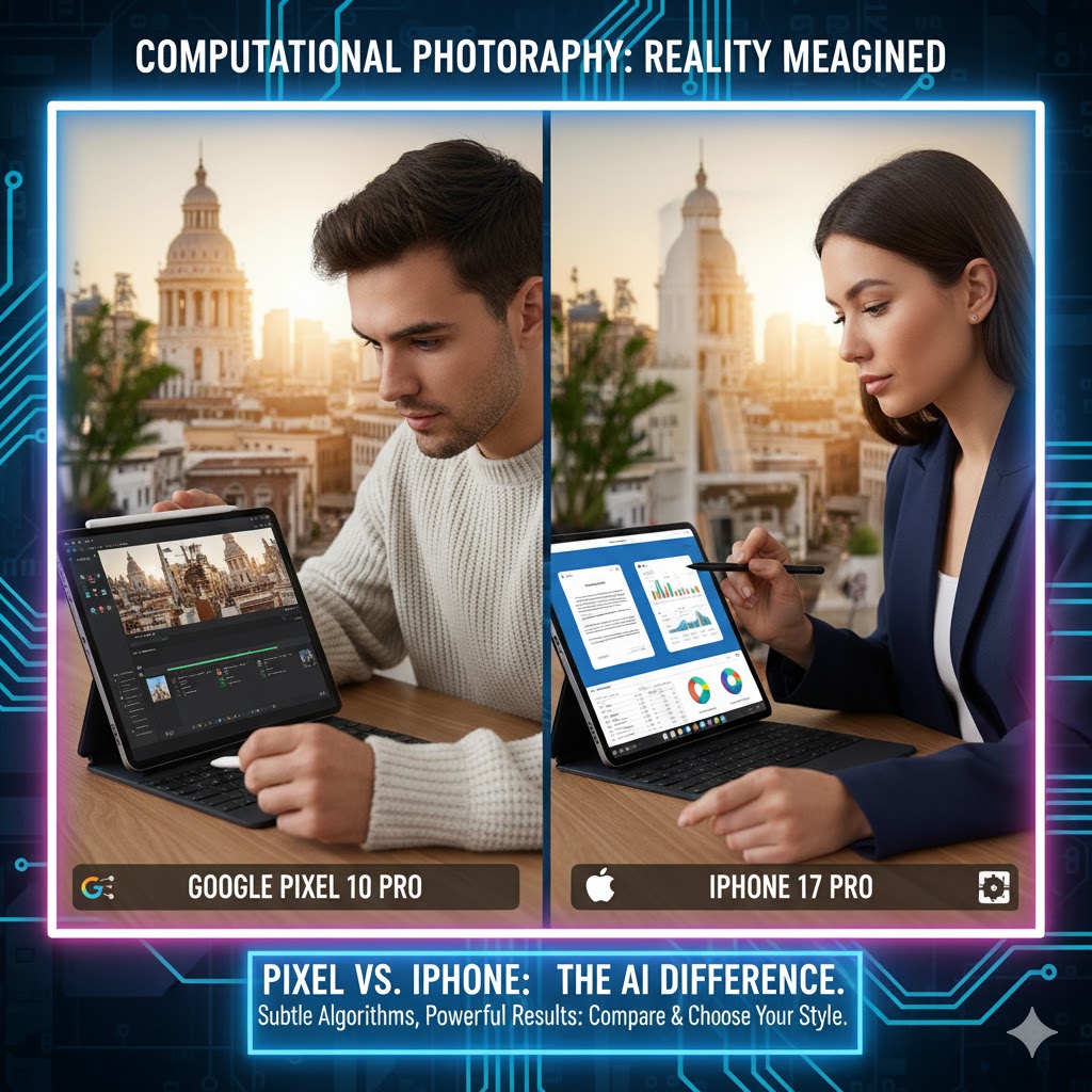 Google Pixel 10 Pro vs. iPhone 17 Pro photography comparison focusing on computational effects, NPU Photography Showdown