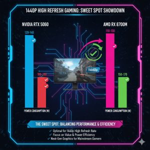 Best Budget Gaming Laptop 2026: Performance Value Comparison for 1440p High Refresh Gaming 2 Graphic comparing FPS and power consumption of RTX 5060 vs RX 8700M GPUs, emphasizing the sweet spot for 1440p High Refresh Gaming