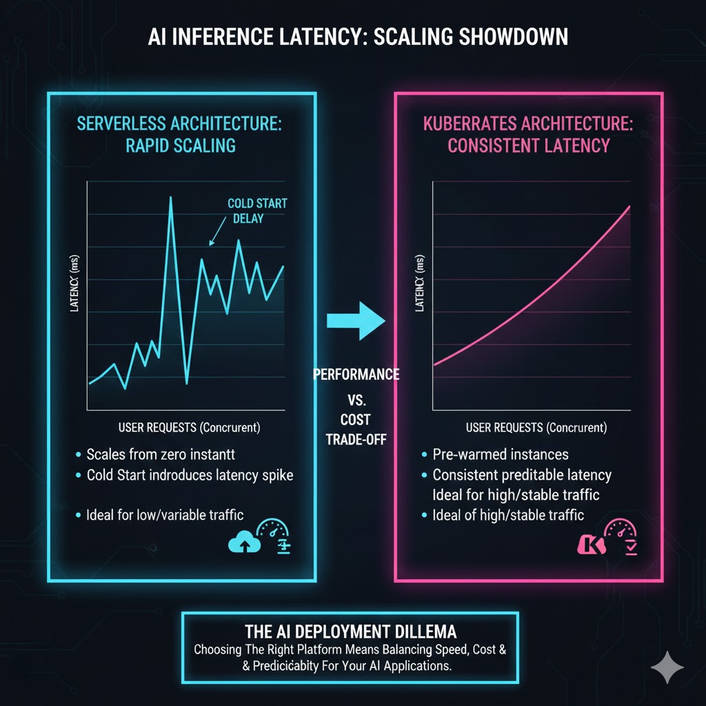 Graphic illustrating AI inference latency differences between Kubernetes and Serverless scaling