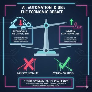 Graphic illustrating the economic impact of AI automation and the UBI (Universal Basic Income) policy debate