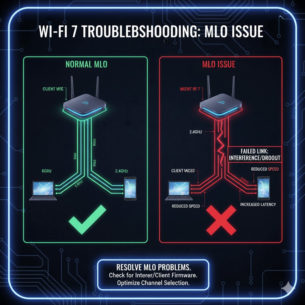Graphic showing Multi-Link Operation (M-LO) issue in a Wi-Fi 7 Troubleshooting Guide diagram