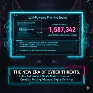 Graphic showing an LLM interface generating millions of highly convincing phishing emails, symbolizing LLM Focus and scalable Cyber Threats