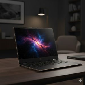 HP Spectre x360 14 Core Ultra Review - Nightfall Black 2-in-1 laptop in tent mode showcasing the high-resolution OLED display