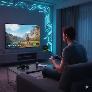 Apple TV 4K vs. NVIDIA Shield Pro: The Best Streaming Box for Power Users 4 High-End-Streaming-Device-used-for-GeForce-NOW-cloud-gaming-on-a-large-living-room-screen