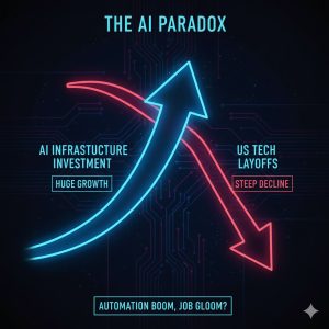 Infographic showing the inverse correlation between rising AI Investment and increasing AI Job Displacement