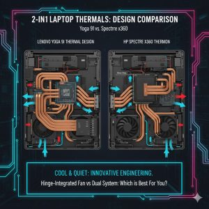 Internal view of Lenovo Yoga 9i thermal cooling system vs HP Spectre x360 heat dissipation