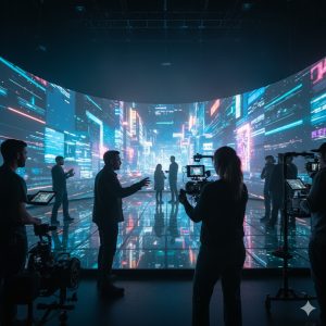 LED volume stage with real-time virtual cityscape during filming