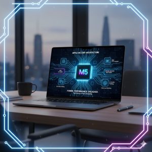 M5 MacBook Pro 16-inch open on a desk, highlighting its sleek design and the power of the M5 chip architecture