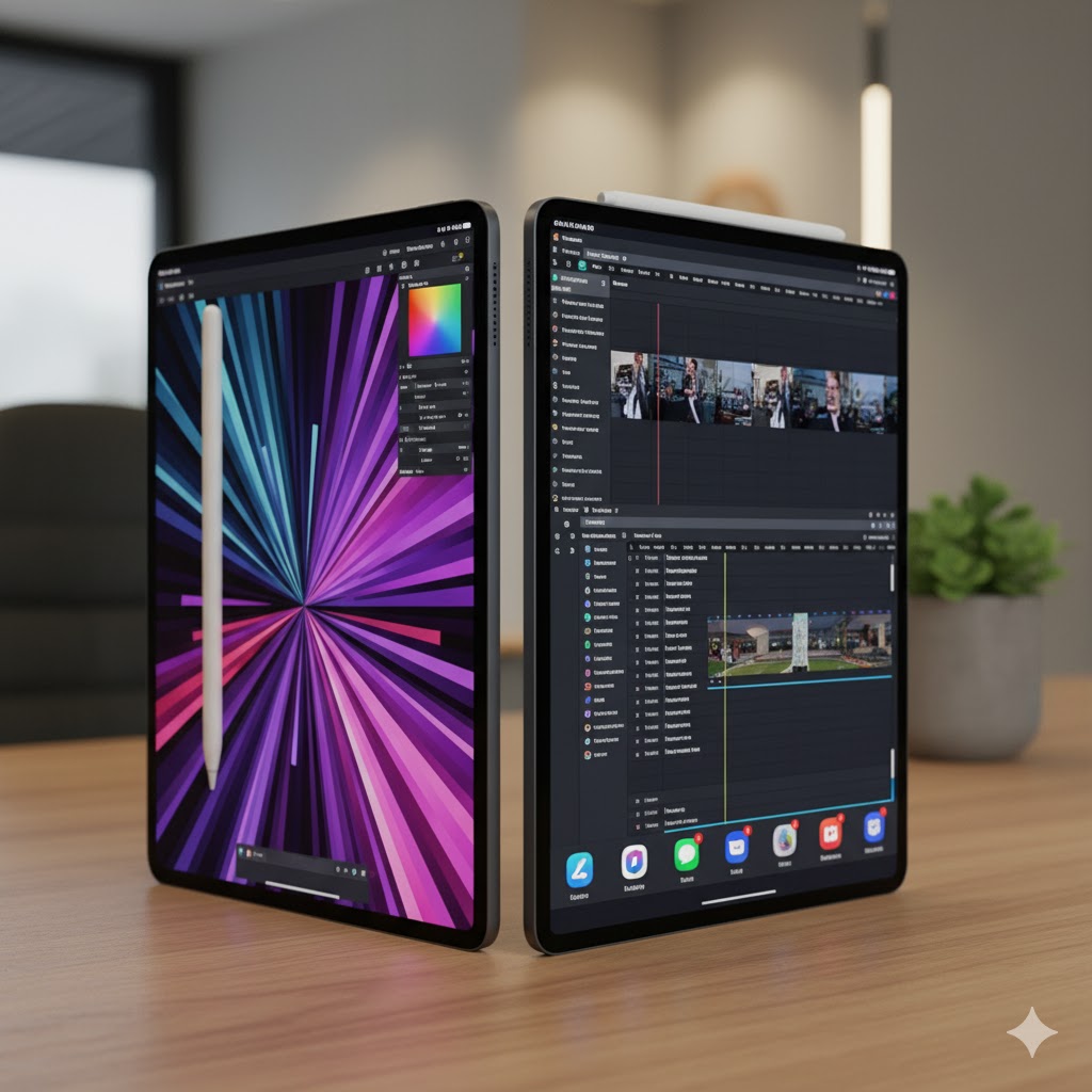 M5 iPad Pro vs. Galaxy Tab S11 Ultra side-by-side on a desk, True Tablet Productivity King 2025