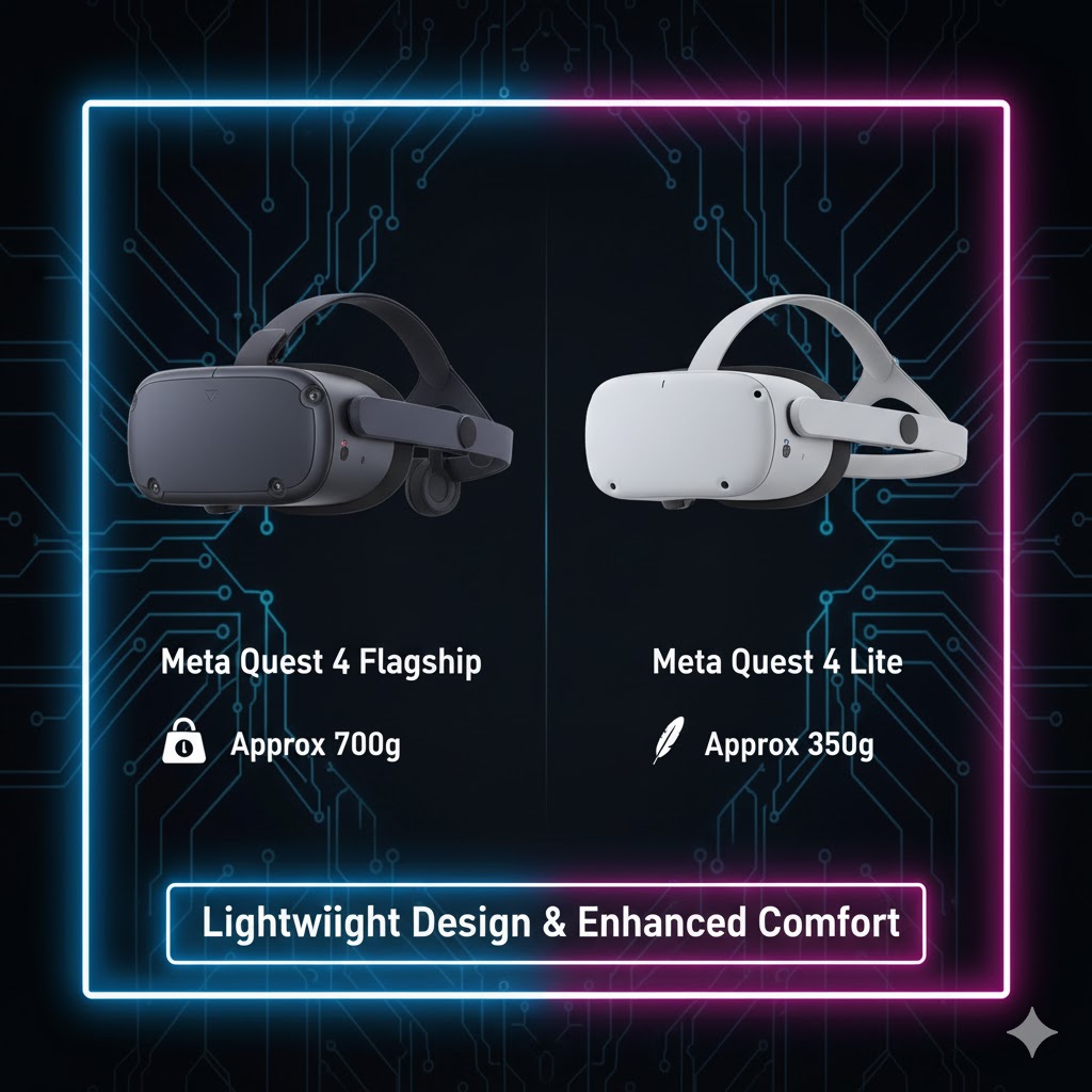 Meta Quest 4 Lite - Promotional graphic comparing the new lightweight design to the flagship model