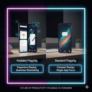 Modern foldable phone showcasing multitasking and productivity features on a desk - Foldable vs Standard Flagship