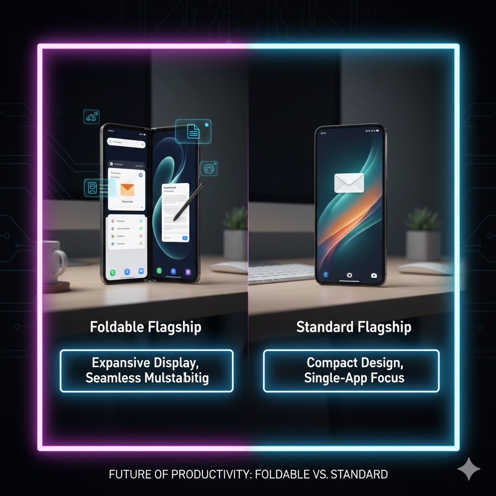 Modern foldable phone showcasing multitasking and productivity features on a desk - Foldable vs Standard Flagship