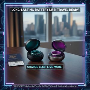 Oura Ring vs Samsung Galaxy Ring charging cases on a modern desk next to a passport and plane ticket, symbolizing long-lasting battery life for the traveling professional