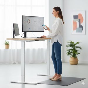 Person switching from sitting to standing at smart electric desk in office