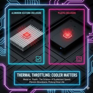 Photo comparison of an aluminum heatsink enclosure vs a plastic enclosure for preventing Thermal Throttling in External SSDs