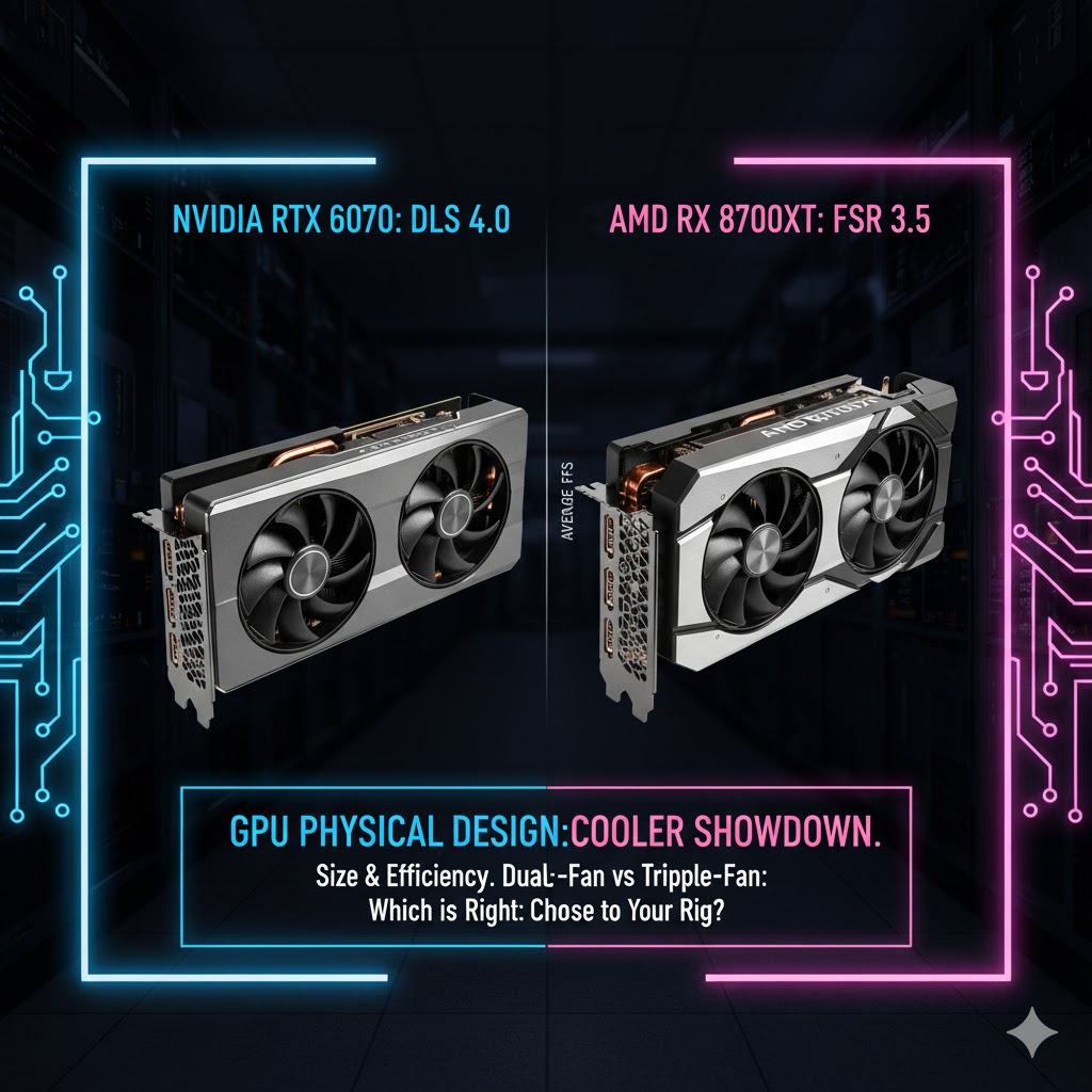 Photo comparison of the physical design and cooler size of the NVIDIA RTX 6070 and the AMD RX 8700XT