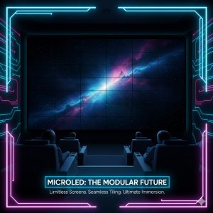 Photo showing the large scale modular nature and seamless tiling of a MicroLED display in a home theater setting