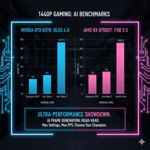 Side-by-side benchmark chart showing frame rates for the RTX 6070 vs RX 8700XT at 1440p with DLSS 4.0 and FSR 3.5 enabled