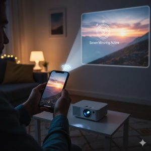 Smartphone casting video to smart projector in living room