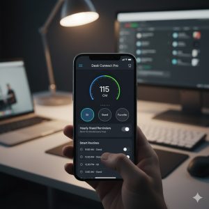 Smartphone screen displaying standing desk height adjustment app in office