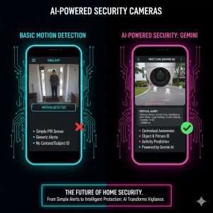 Split-screen showing the sophisticated app view of Ring vs Nest alerts, comparing simple motion detection to a contextual, AI-Powered Security Cameras notification powered by Gemini