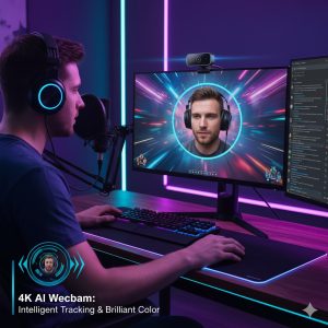 Streamer using 4K AI webcam for high-quality live video