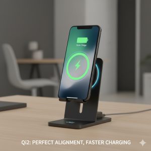 The Wireless Charging Evolution showing a device utilizing magnetic alignment with Qi2 Technology