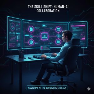 The future of work, where a worker uses AI tools to manage complex tasks, demonstrating adaptation to AI Job Displacement