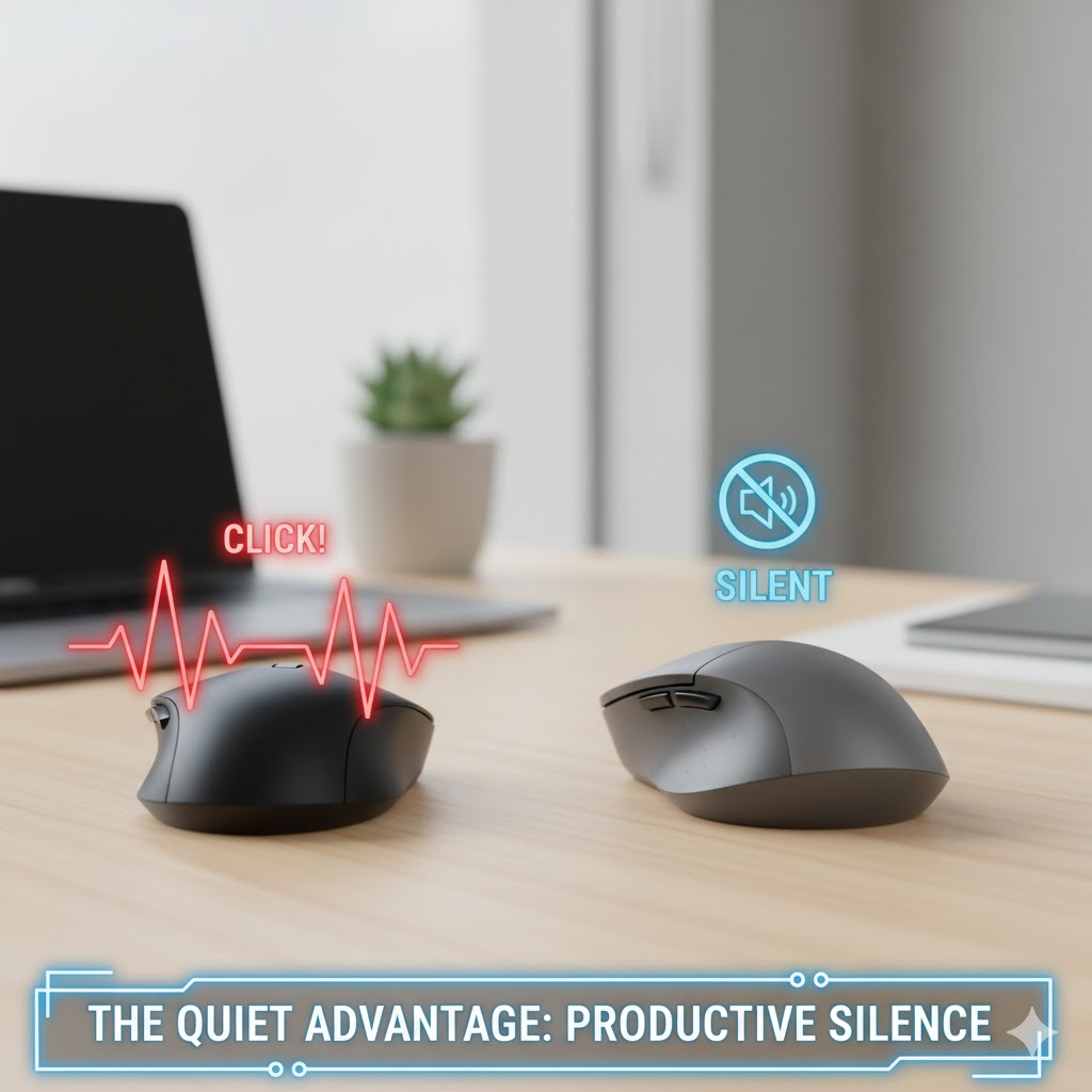The quietest wireless mouse for office environment review showing a low-noise model used for testing