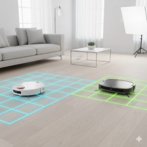 Two different advanced robot vacuums mapping a living room with glowing AI path lines