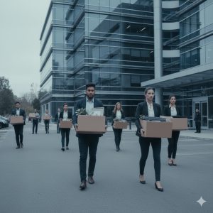 US Tech Layoffs ripple effect showing displaced workers exiting a company building