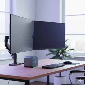 Ultra-compact mini PC on desk with dual monitors