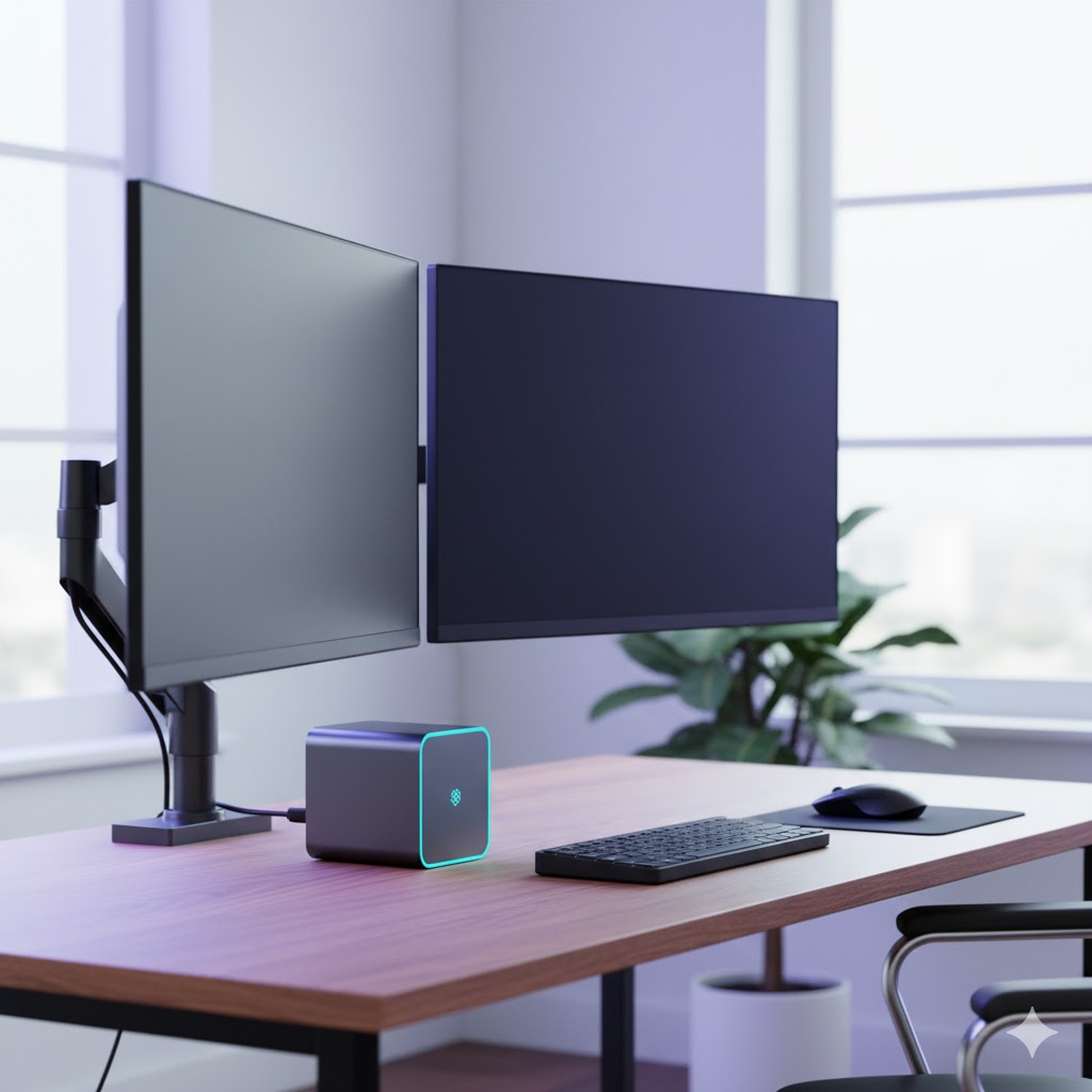 Ultra-compact mini PC on desk with dual monitors