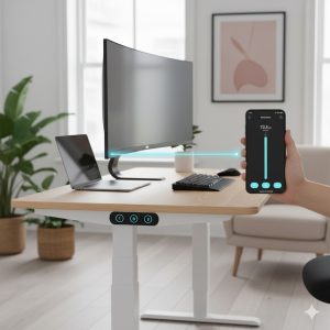 User adjusting electric standing desk height via app in ergonomic home office