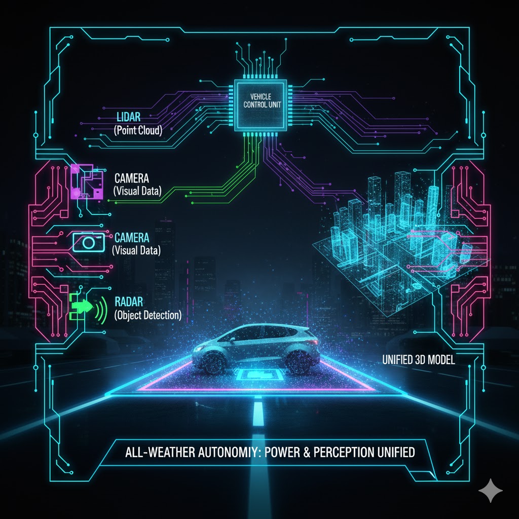 Visualization of a modern EV combining advanced Autonomous Vehicle Batteries with robust Lidar and Sensor Fusion for all-weather driving