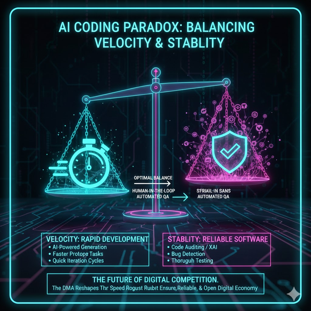 A balanced scale showing a high-speed icon on one side and a high-quality icon on the other, representing the necessary balance between velocity and stability in AI coding
