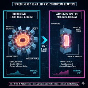 Fusion Energy Progress: ITER Project Update and the Race for Commercialization 3 A comparison graphic illustrating the scale difference between the massive ITER Project Tokamak and a much smaller, modular commercial reactor