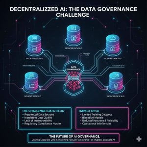 A complex diagram showing multiple isolated Data Silos connected to a central, stressed Data Governance bottleneck