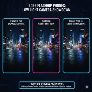 A composite image demonstrating a night-time urban scene captured by the three different 2026 Flagship Phone cameras