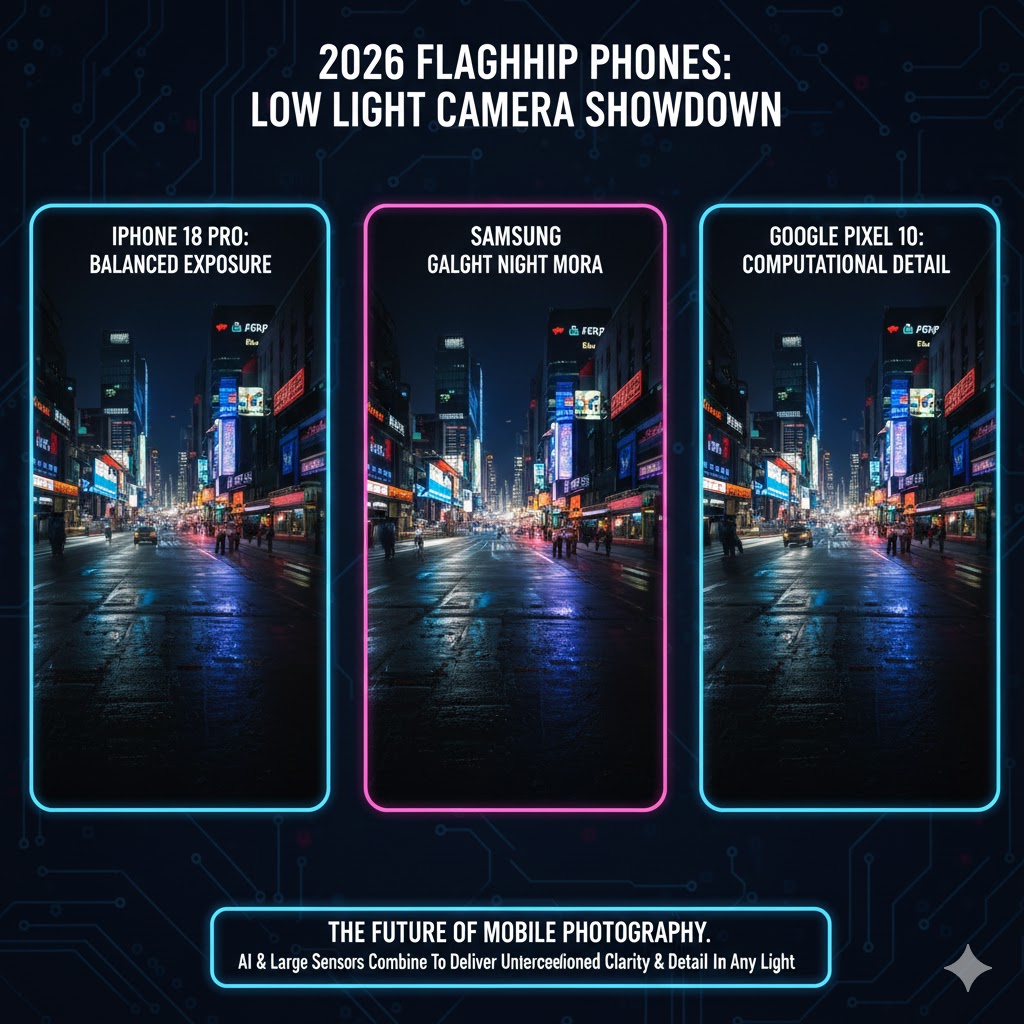 A composite image demonstrating a night-time urban scene captured by the three different 2026 Flagship Phone cameras