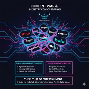 A depiction of various streaming service logos entangled in ropes
