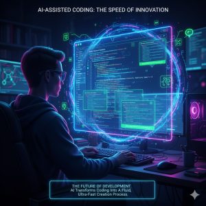 A developer using a code editor with AI code suggestions automatically appearing, symbolizing the rapid speed of AI-assisted coding