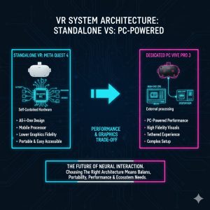 Next-Gen PC VR Headsets: Meta Quest 4 vs. HTC Vive Pro 3 Technical Deep Dive 2 A diagram comparing the architectural differences between a portable, Standalone VR system (Meta Quest 4) and a Dedicated PC VR system (HTC Vive Pro 3)