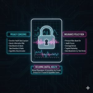 A digital lock icon overlaid on a graph showing sensitive health data, emphasizing Privacy Concerns and security risks for Insurance Policy