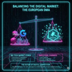 A digital scale with large corporate logos on one side and multiple small startup logos on the other, representing the European DMA's goal of balancing market power